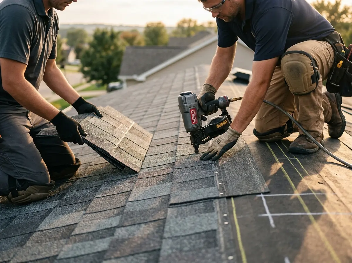 Professional roofer working on a residential roof in Manheim
